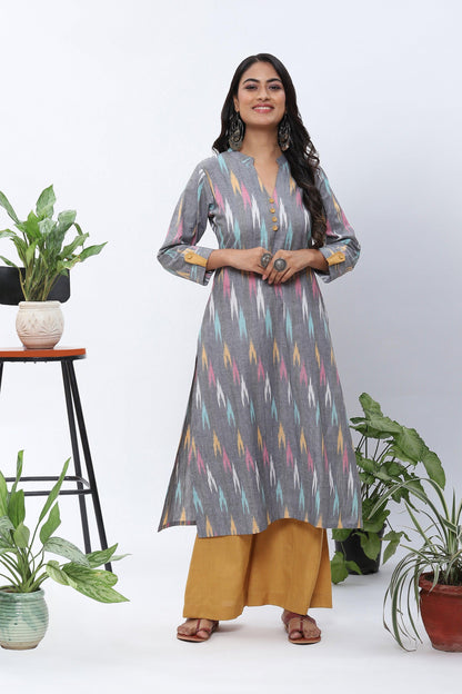 Shravani Grey Ikkat Kurta with Mustard Palazzo