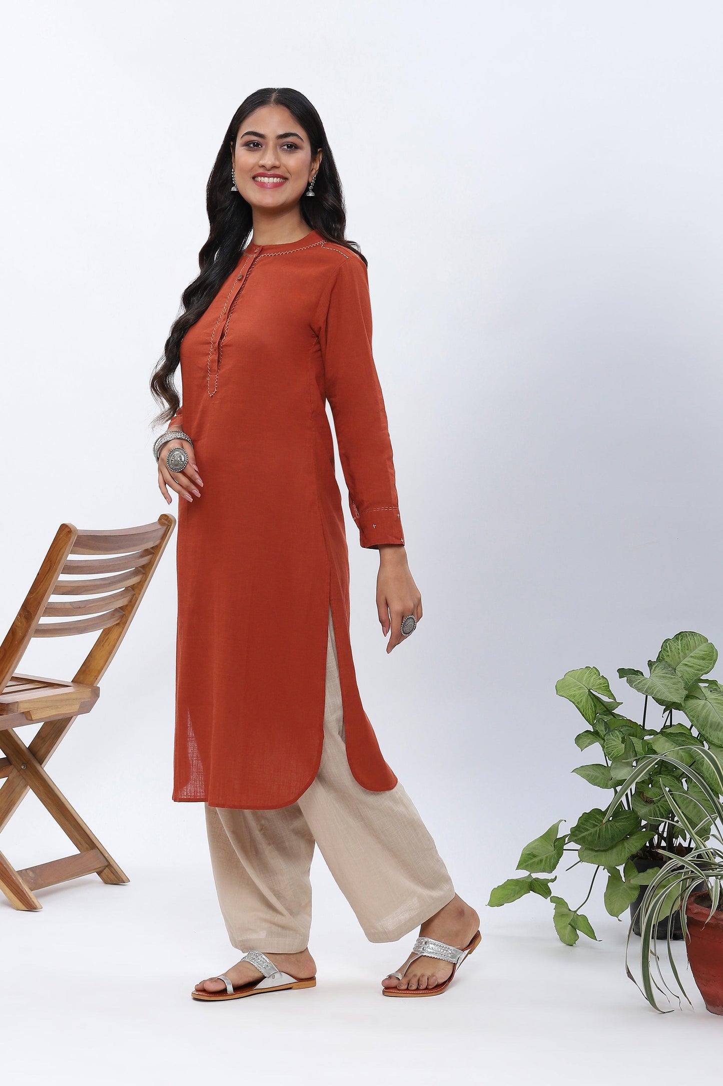 Shravani Rustic Orange Kurta with Beige Pants