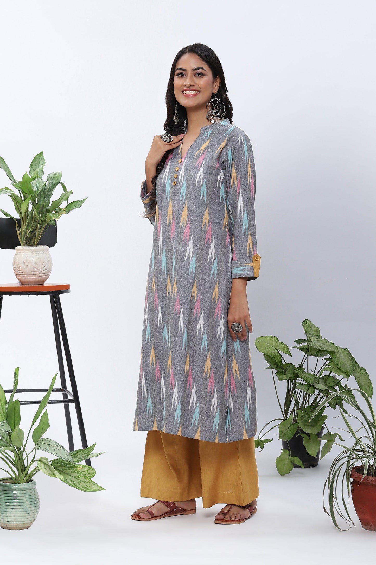 Shravani Grey Ikkat Kurta with Mustard Palazzo