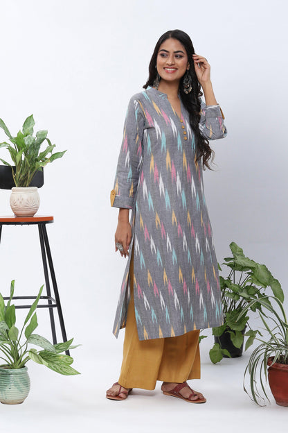 Shravani Grey Ikkat Kurta with Mustard Palazzo