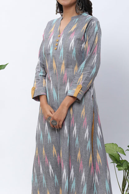 Shravani Grey Ikkat Kurta with Mustard Palazzo