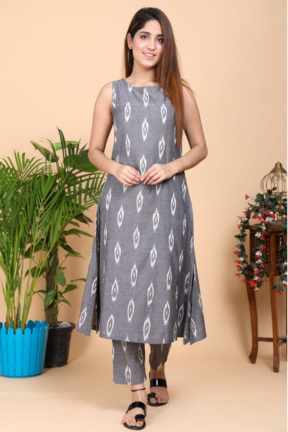 Aseel Grey Ikkat Kurta Pants Set