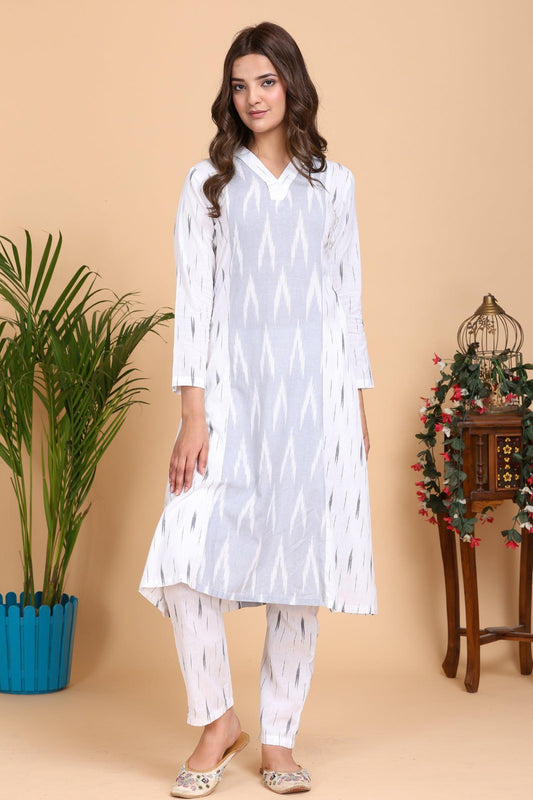 Aseel Ikkat Grey and White Kurta Set