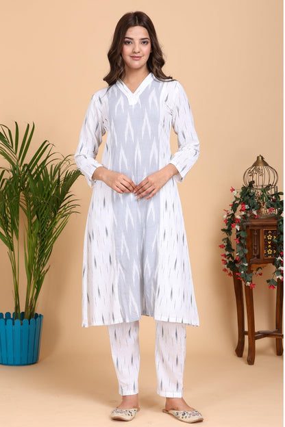 Aseel Ikkat Grey and White Kurta Set