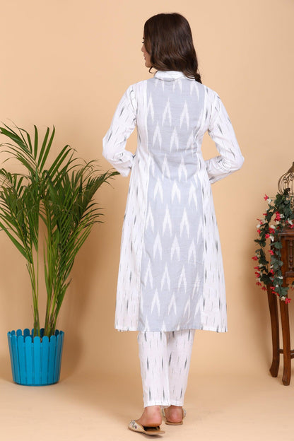 Aseel Ikkat Grey and White Kurta Set