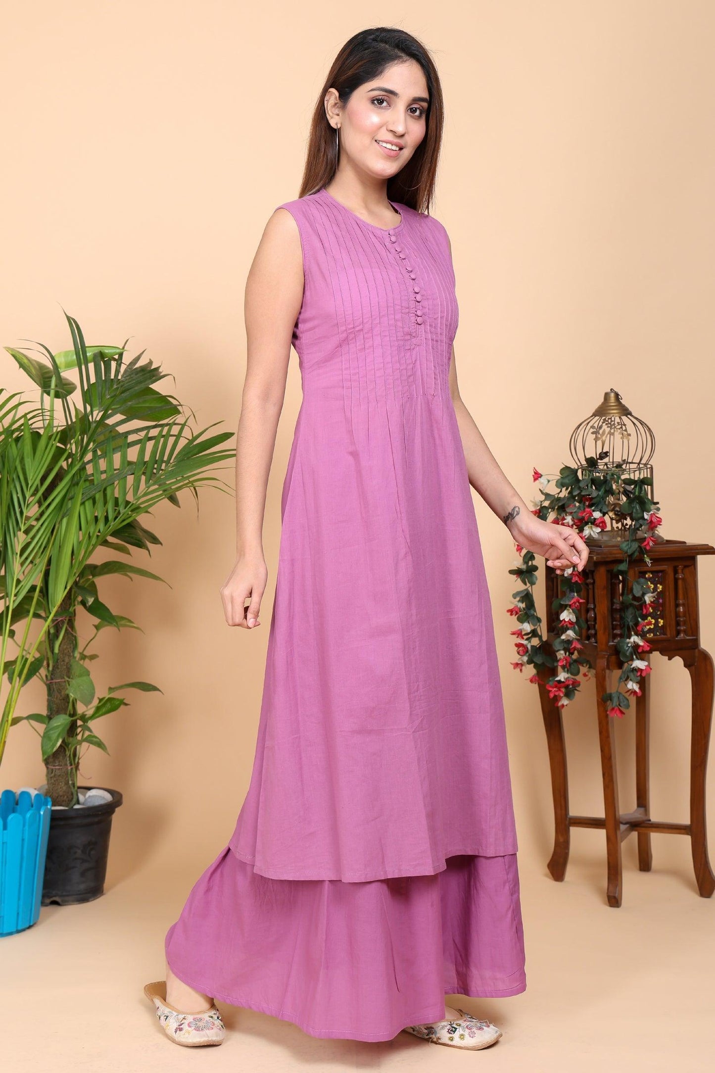 Aseel Purple Pintucks Sleeveless Kurta with Pants