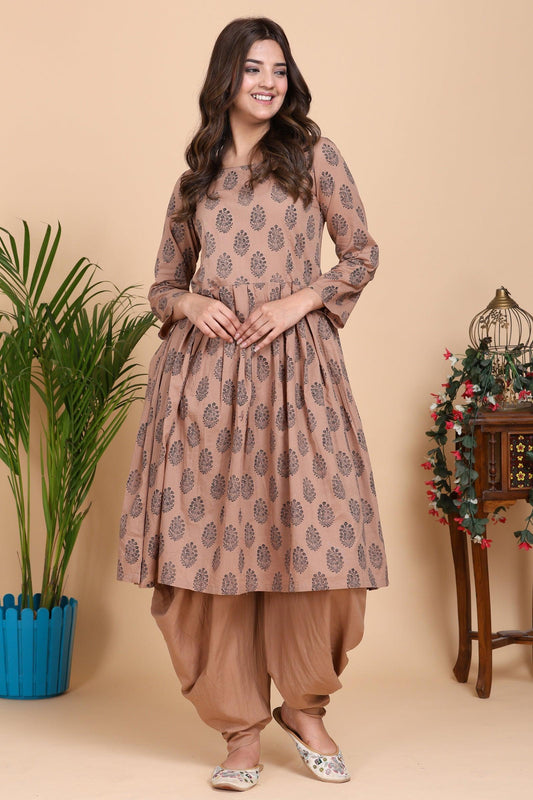 Aseel Brown Block Print Kurta with Dhoti Pants