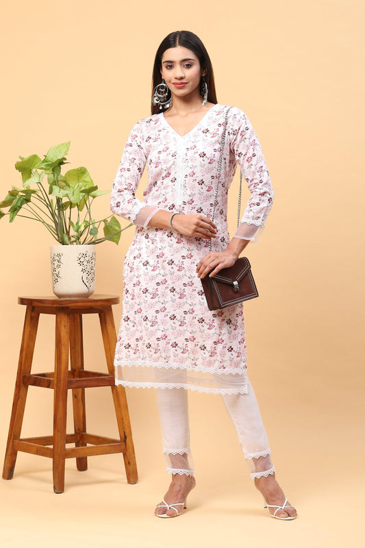 Pihu Optic White Floral Kurta Set