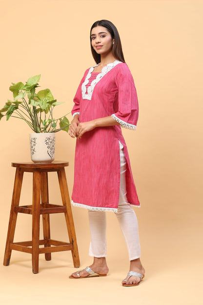 Pihu Raspberry Lace work Kurta Set