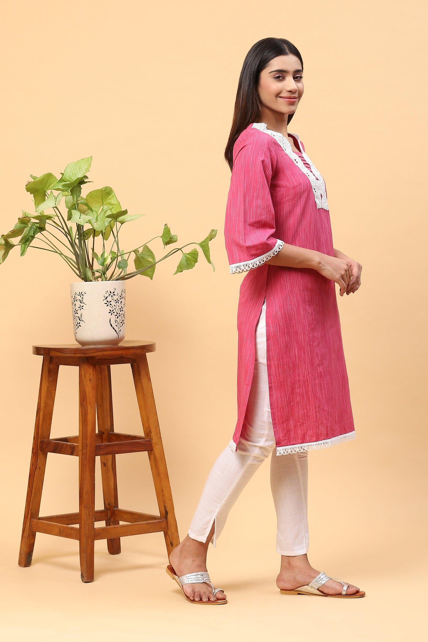 Pihu Raspberry Lace work Kurta Set