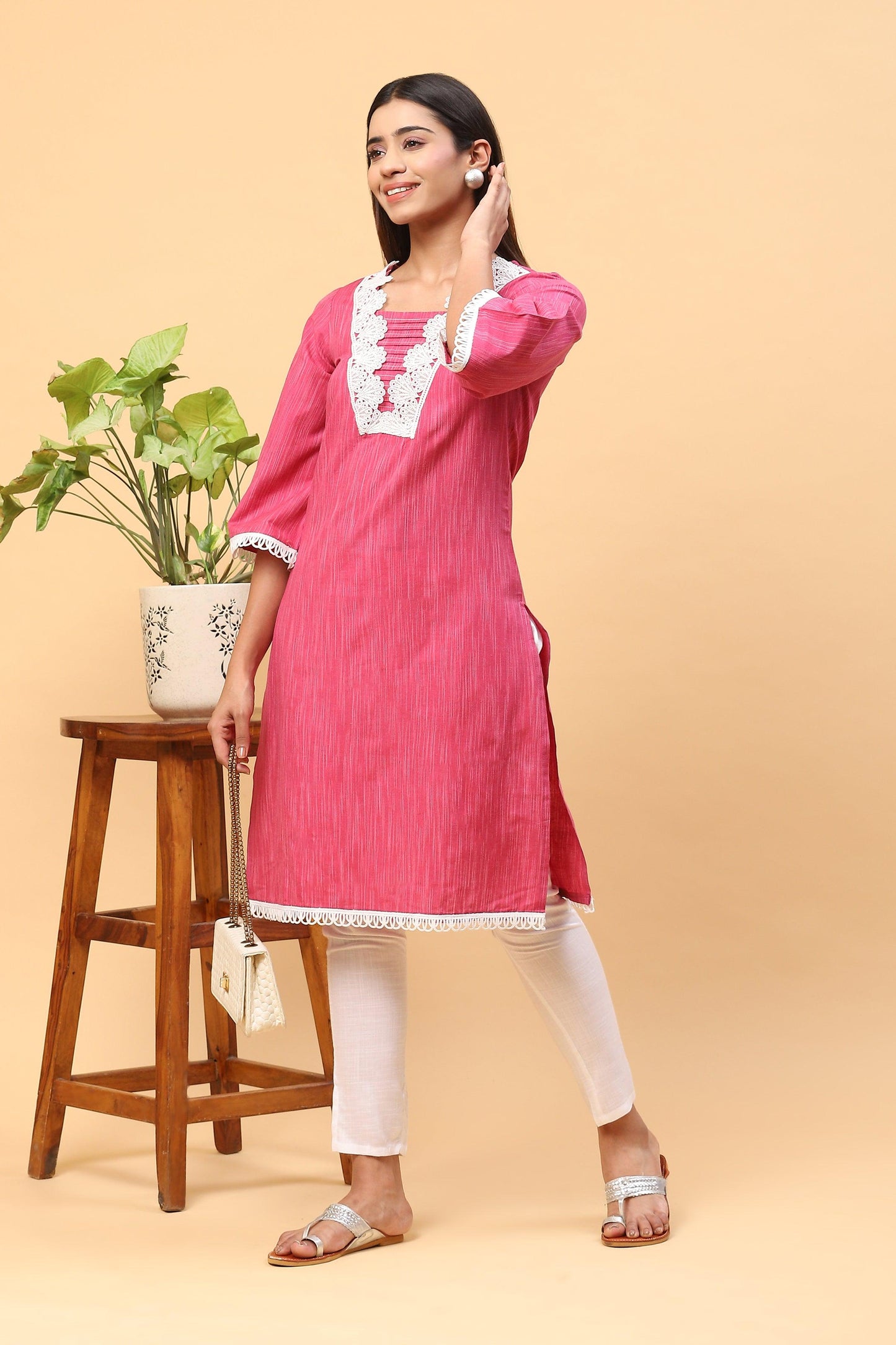 Pihu Raspberry Lace work Kurta Set