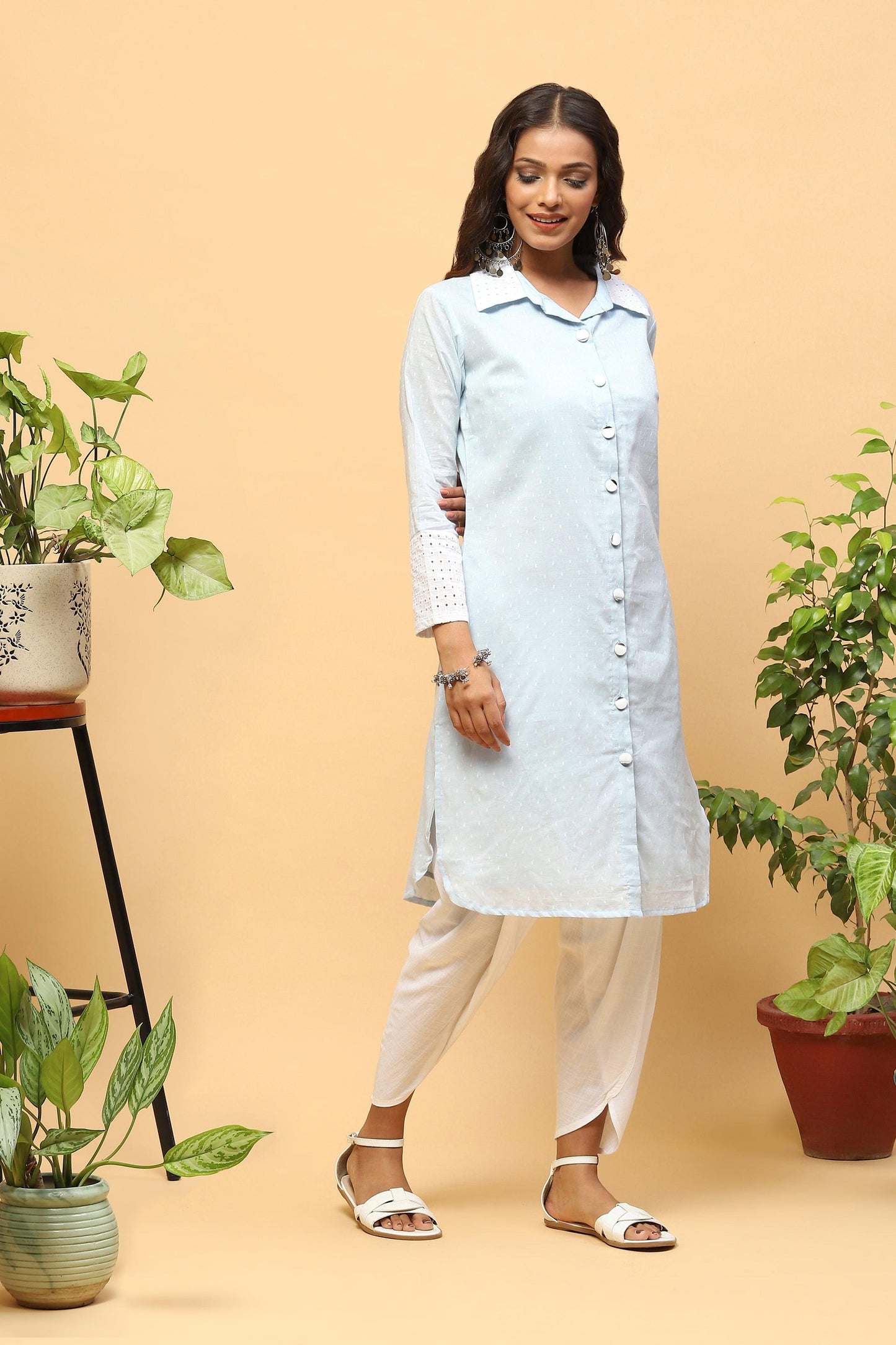 Pihu Baby Blue Collared Kurta with Tulip Pants