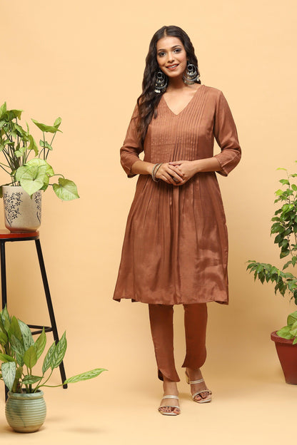 Pihu Gingerbread Pintucks A-line Kurta set