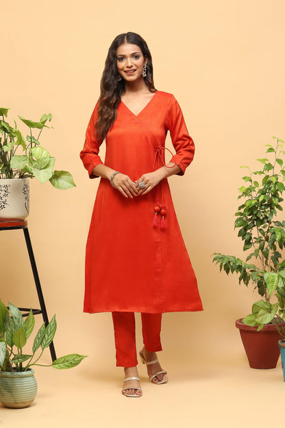 Pihu Bronze Orange Angrakha Kurta set