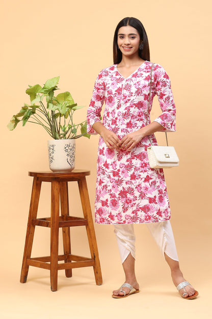 Pihu Daisy White Floral Print Kurta with Tulip Pants