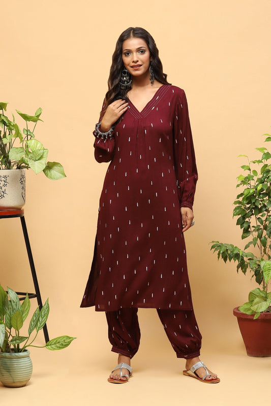 Pihu Deep Maroon Puff-sleeved Kurta with Balloon Pants