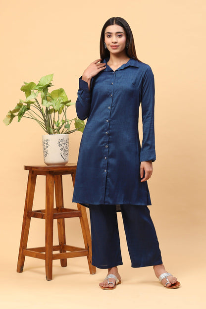 Pihu Prussian Blue Collared Kurta Palazzo Set