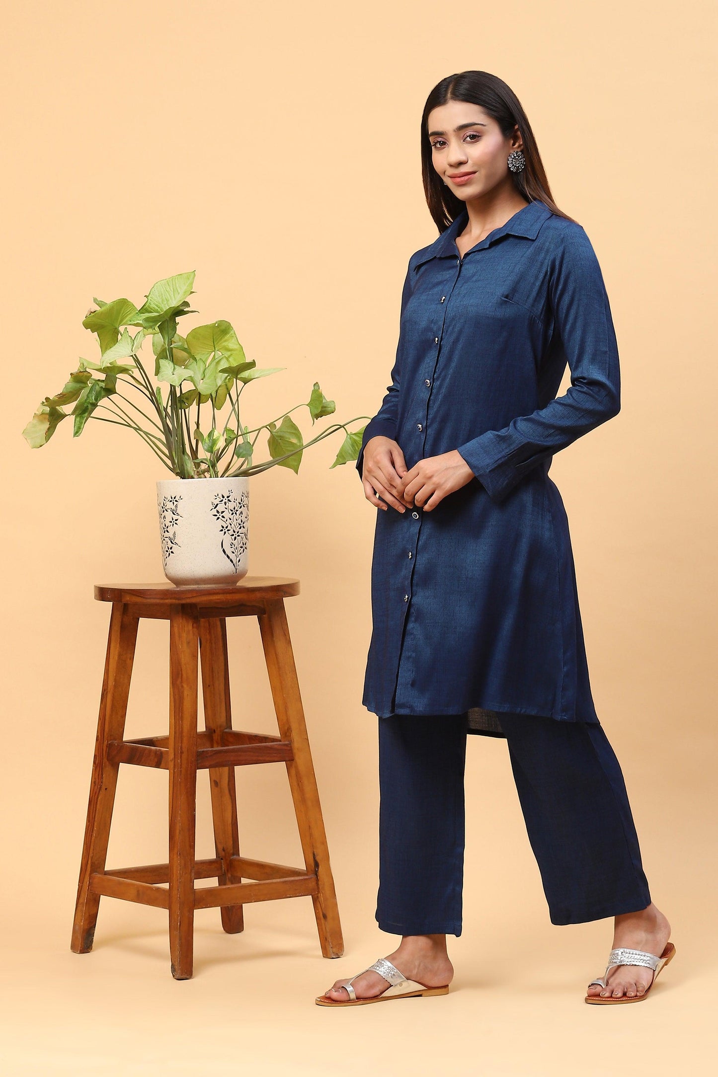 Pihu Prussian Blue Collared Kurta Palazzo Set