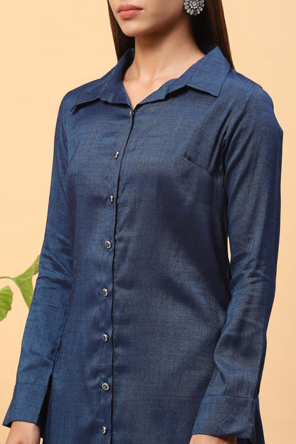 Pihu Prussian Blue Collared Kurta Palazzo Set