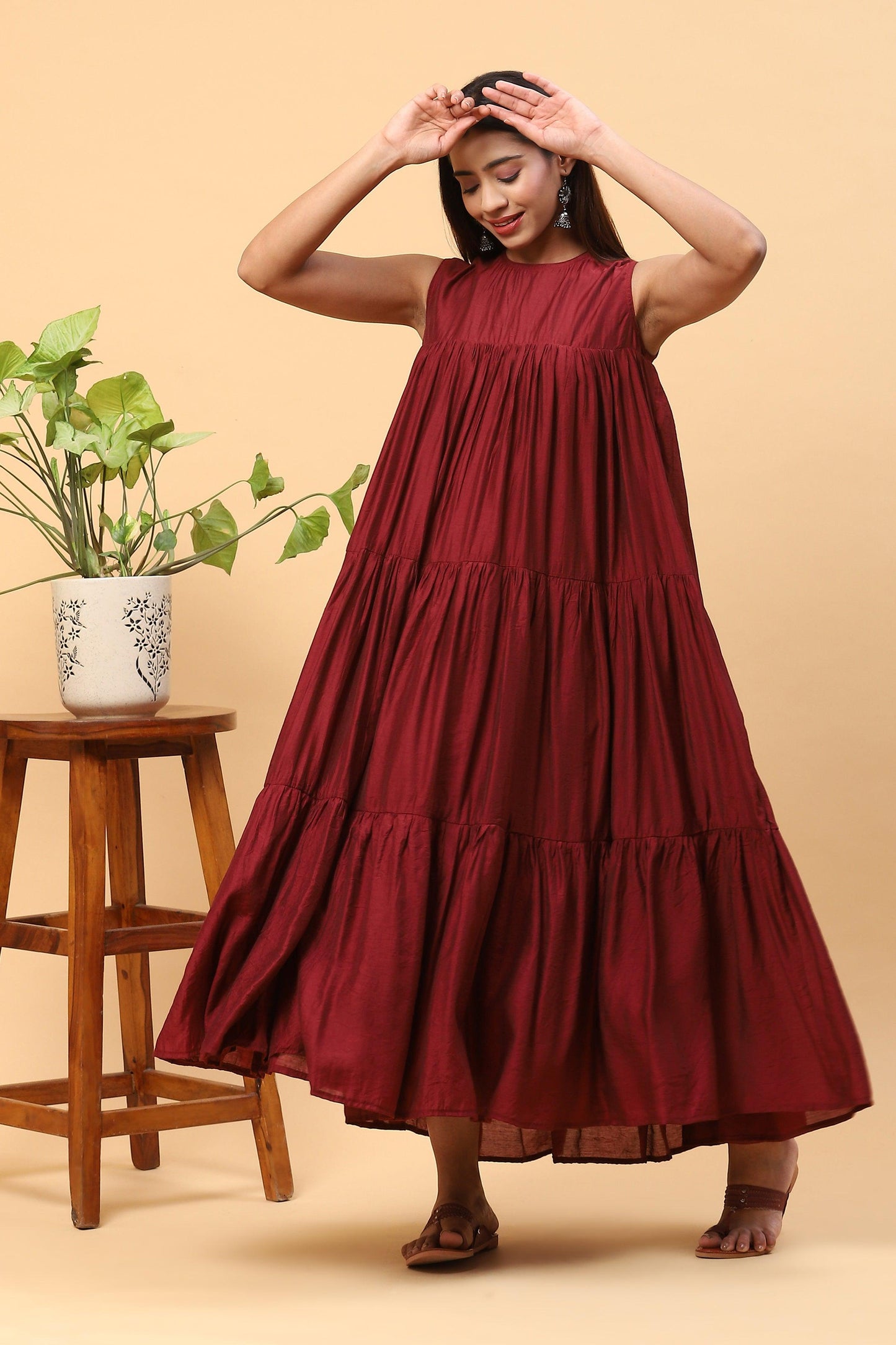 Sanchi Maroon Chanderi Sleeveless Tiered Maxi Dress