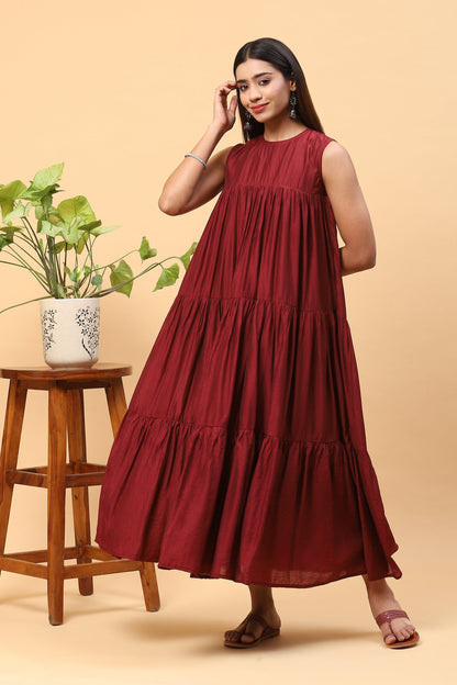 Sanchi Maroon Chanderi Sleeveless Tiered Maxi Dress