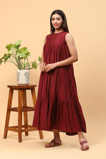 Sanchi Maroon Chanderi Sleeveless Tiered Maxi Dress