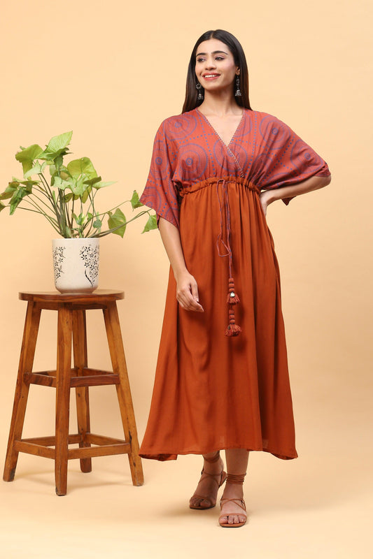 Sanchi Brick Orange Kaftan Dress with Front Tie-up