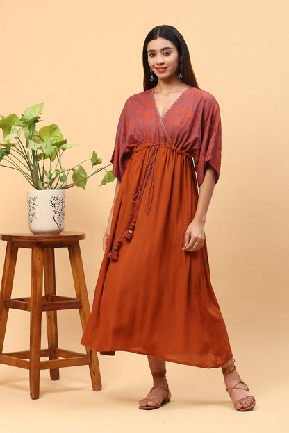 Sanchi Brick Orange Kaftan Dress with Front Tie-up