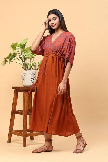 Sanchi Brick Orange Kaftan Dress with Front Tie-up