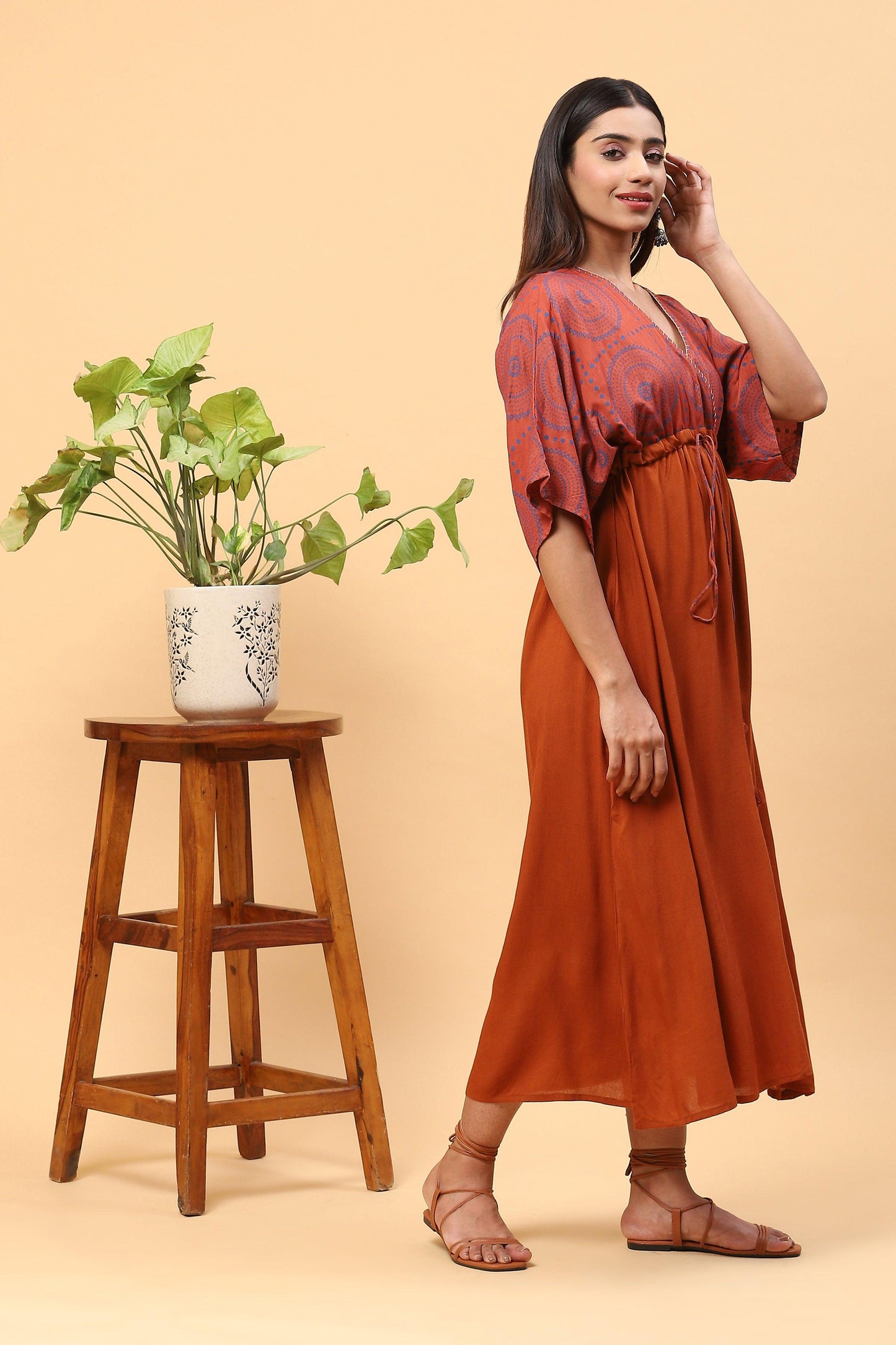 Sanchi Brick Orange Kaftan Dress with Front Tie-up