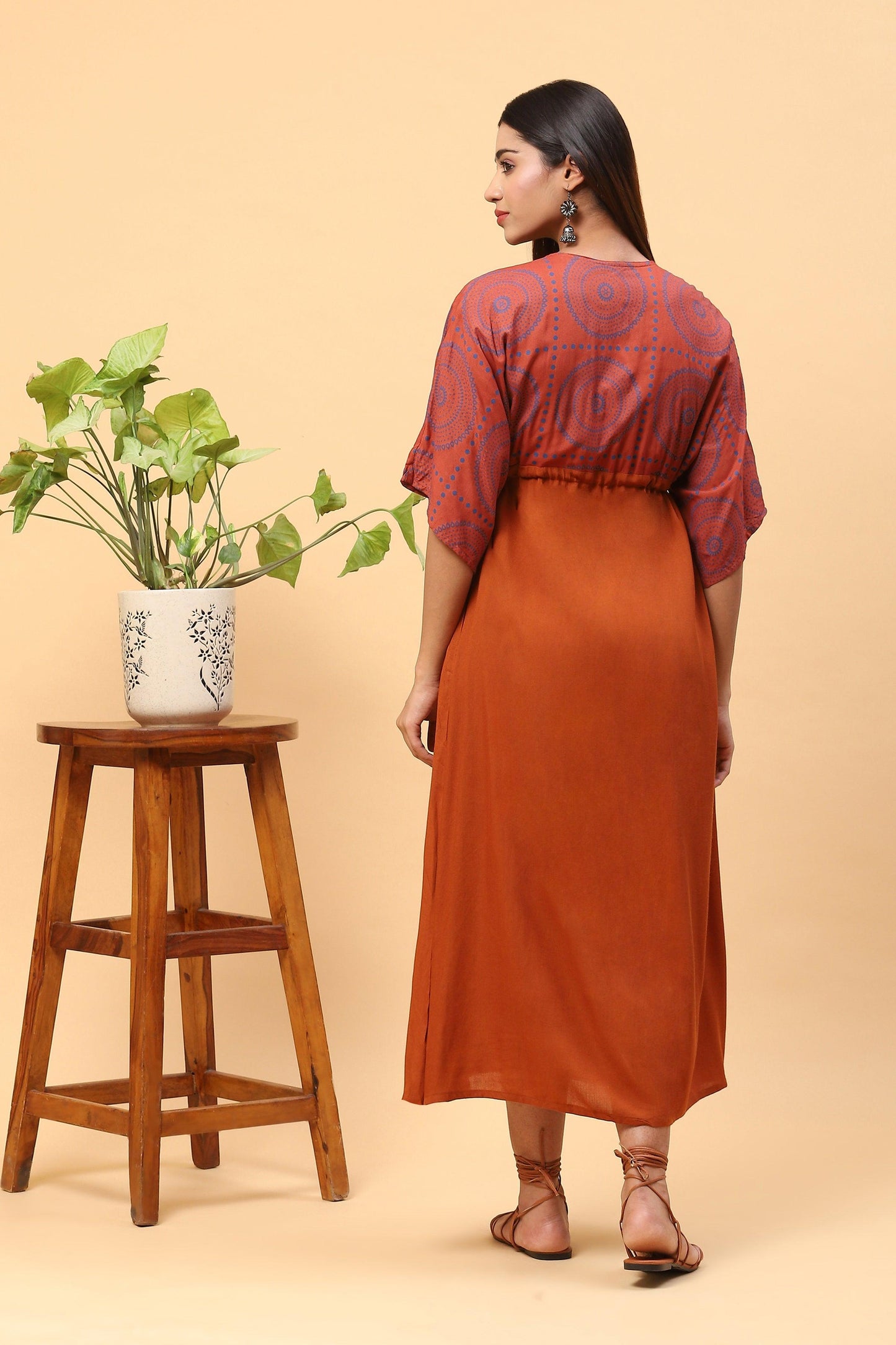 Sanchi Brick Orange Kaftan Dress with Front Tie-up