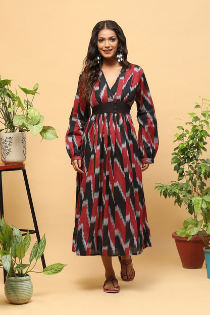 Sanchi Black Maroon Ikkat Flared Dress