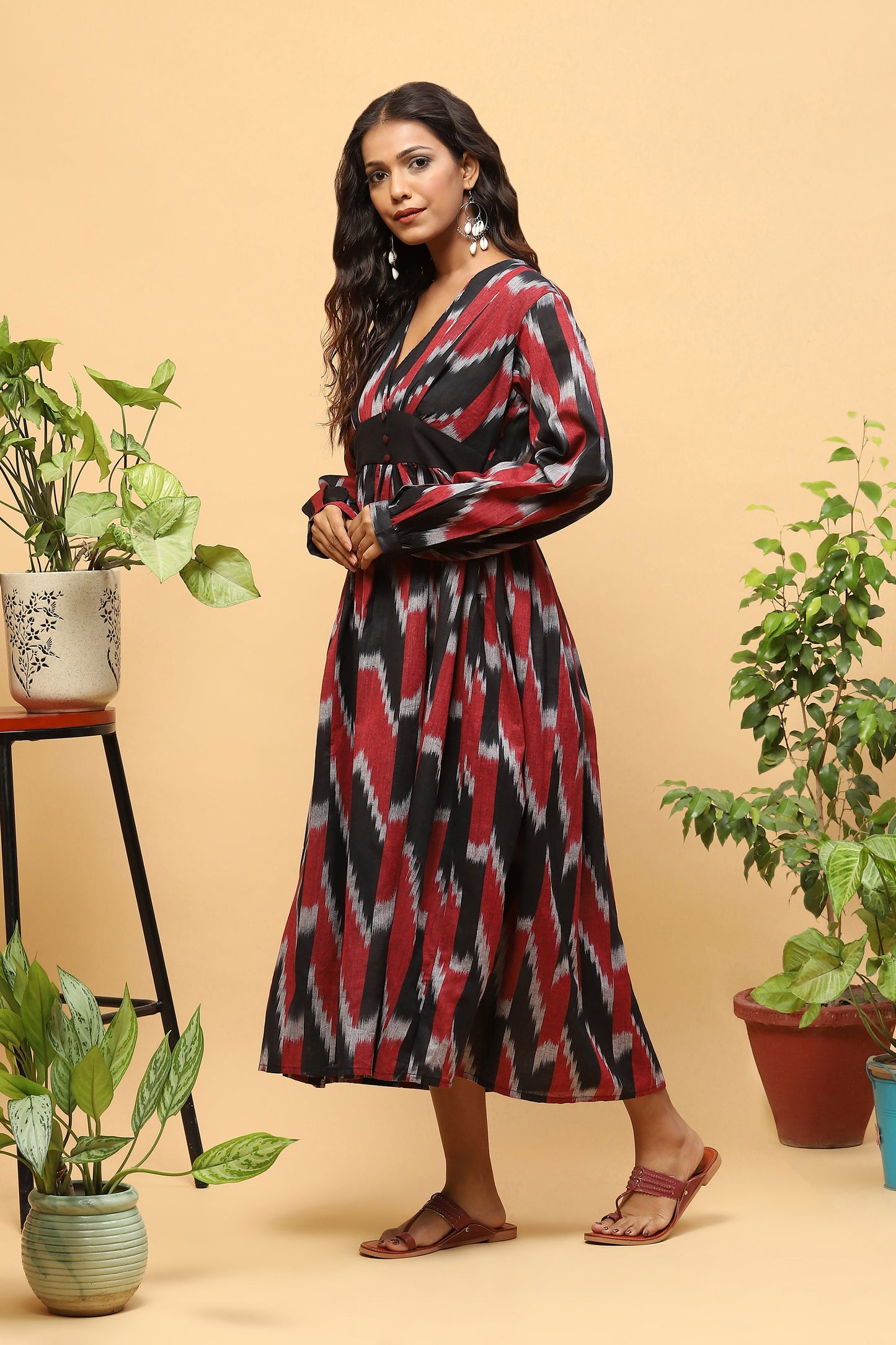 Sanchi Black Maroon Ikkat Flared Dress