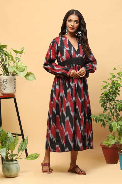 Sanchi Black Maroon Ikkat Flared Dress