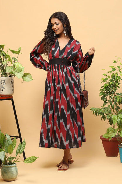 Sanchi Black Maroon Ikkat Flared Dress