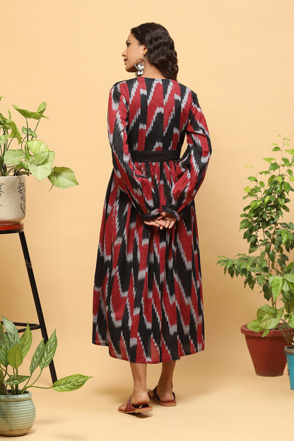 Sanchi Black Maroon Ikkat Flared Dress