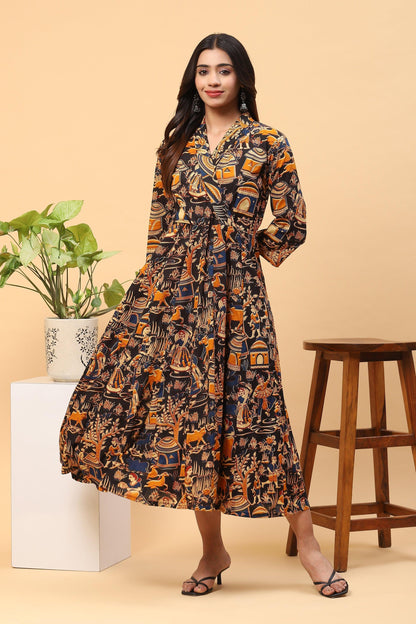 Sanchi Black Yellow Kalamkari Block-printed Dress