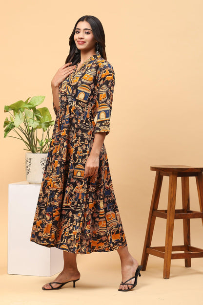 Sanchi Black Yellow Kalamkari Block-printed Dress