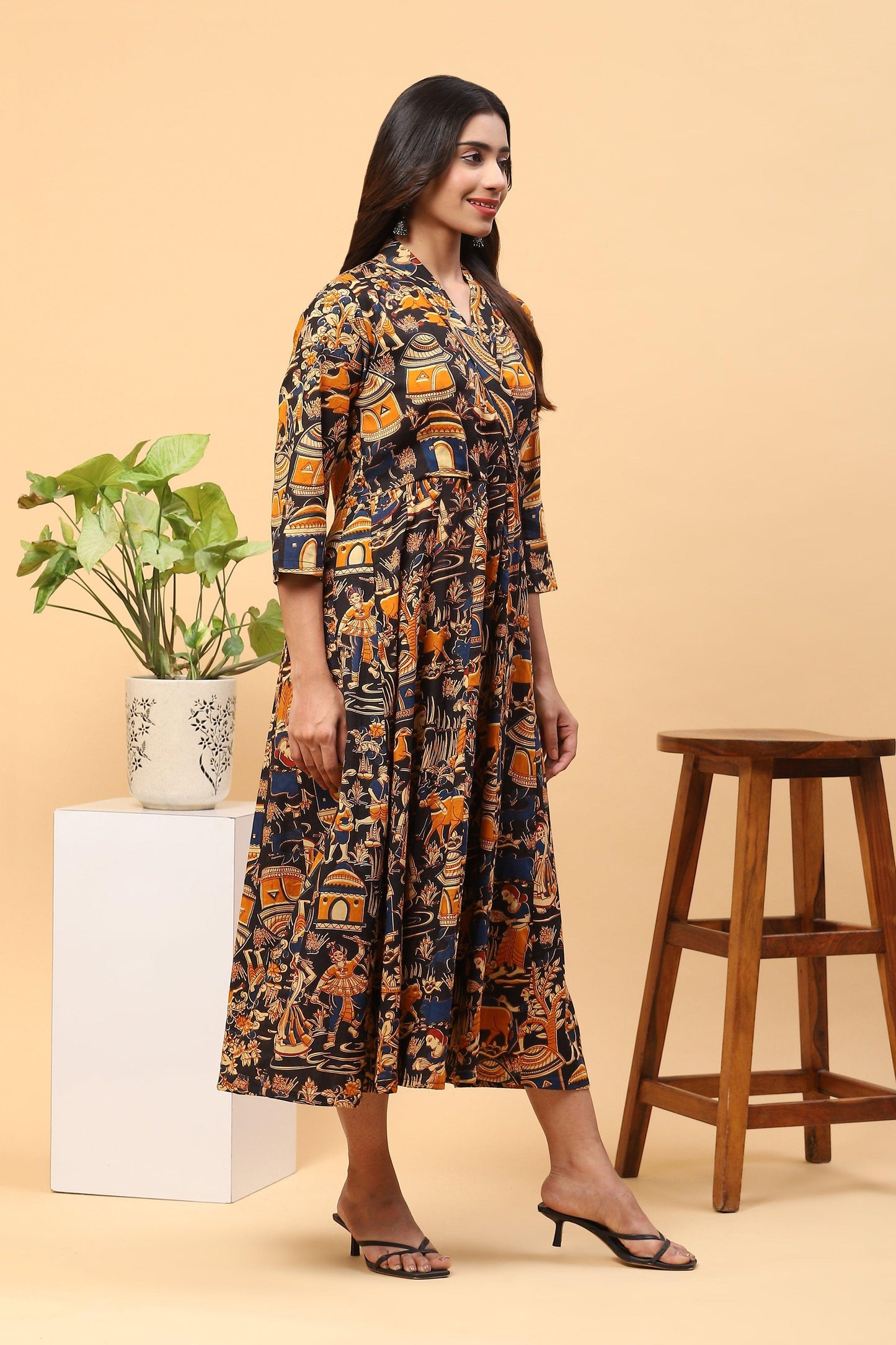 Sanchi Black Yellow Kalamkari Block-printed Dress