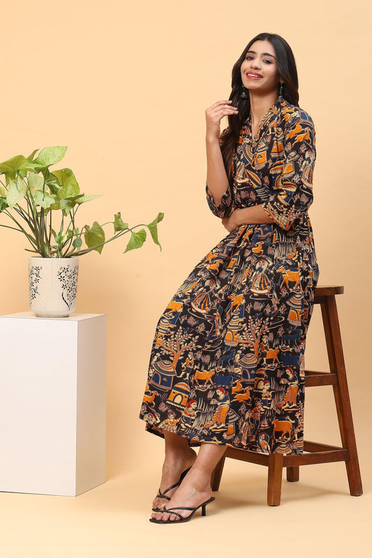 Sanchi Black Yellow Kalamkari Block-printed Dress