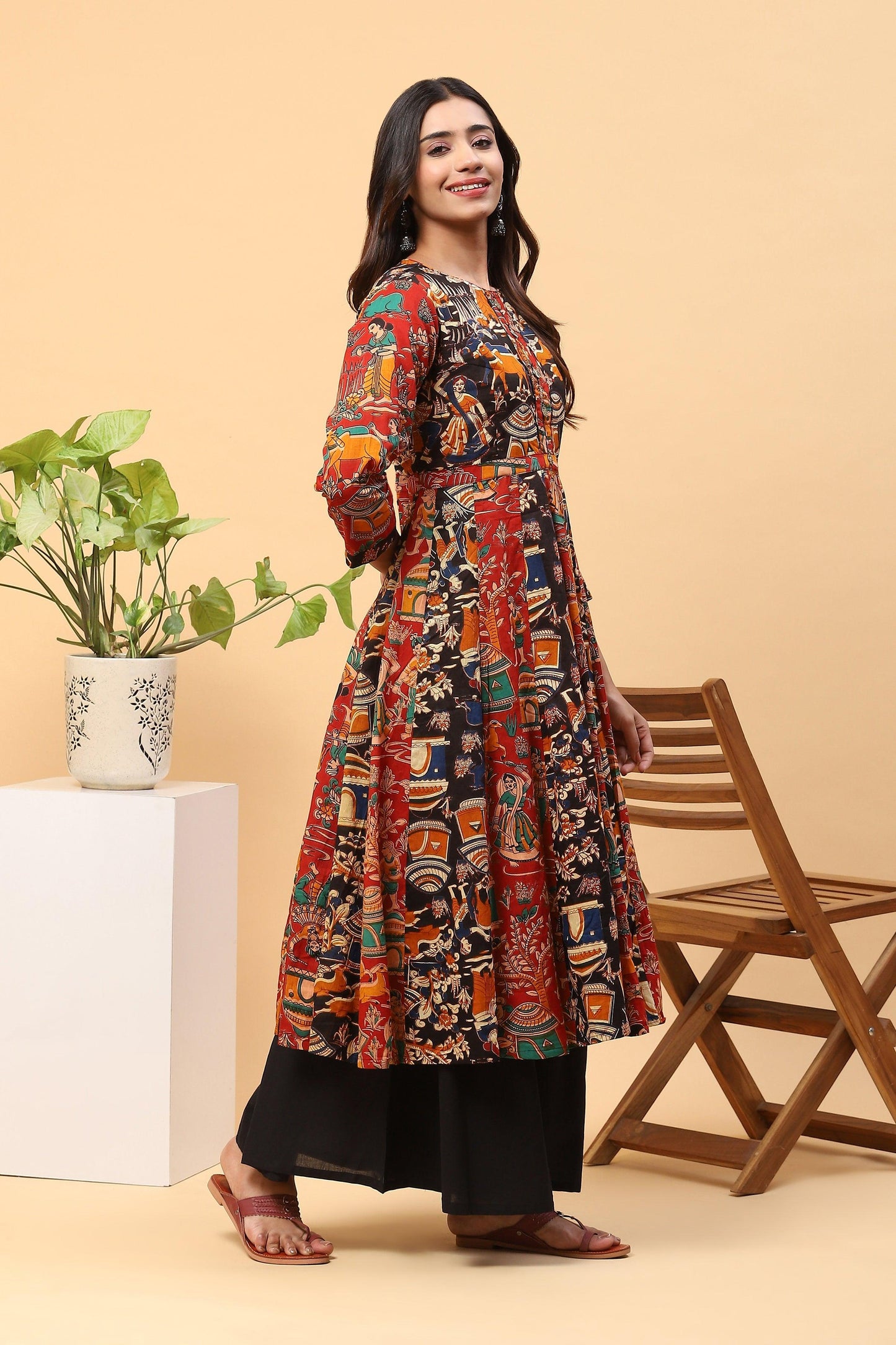 Sanchi Black Red Kalidar Kalamkari Kurta Palazzo Set