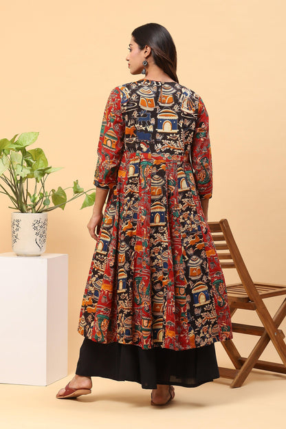 Sanchi Black Red Kalidar Kalamkari Kurta Palazzo Set