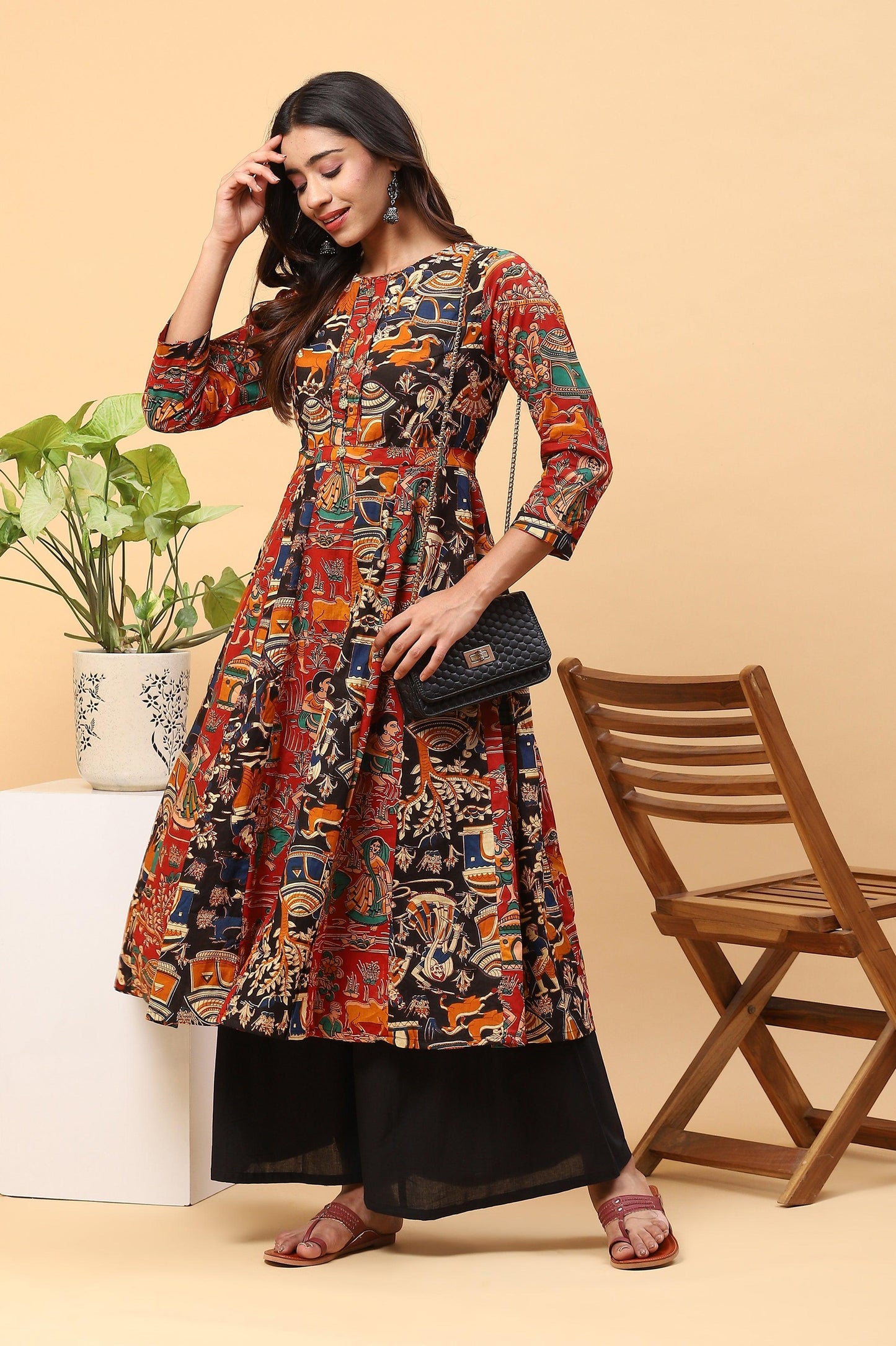 Sanchi Black Red Kalidar Kalamkari Kurta Palazzo Set