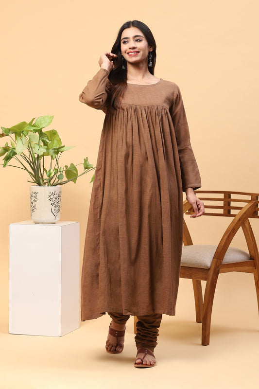 Sanchi Khaki Gathered Long Kurta Churidar Set