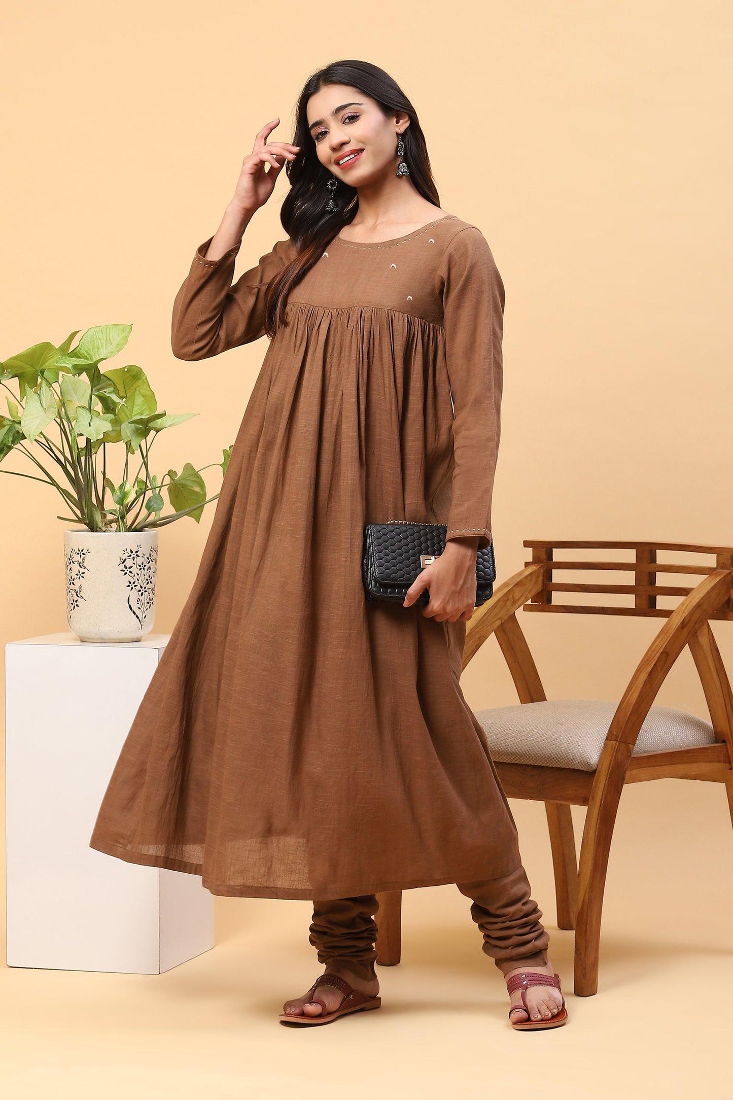 Sanchi Khaki Gathered Long Kurta Churidar Set