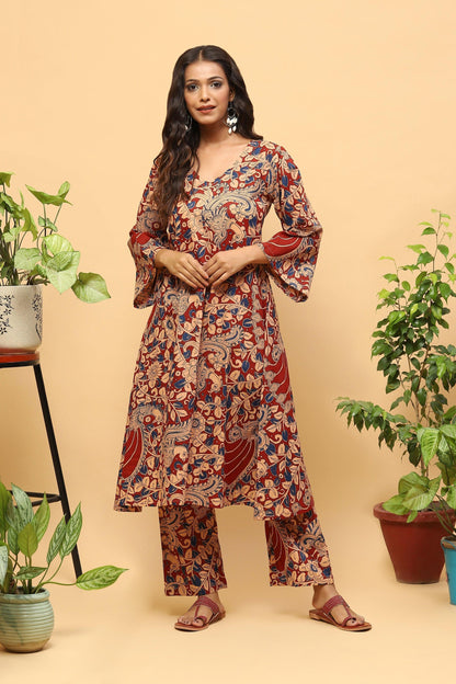 Sanchi Rust Red Kalamkari Cotton Kurta Trousers Set