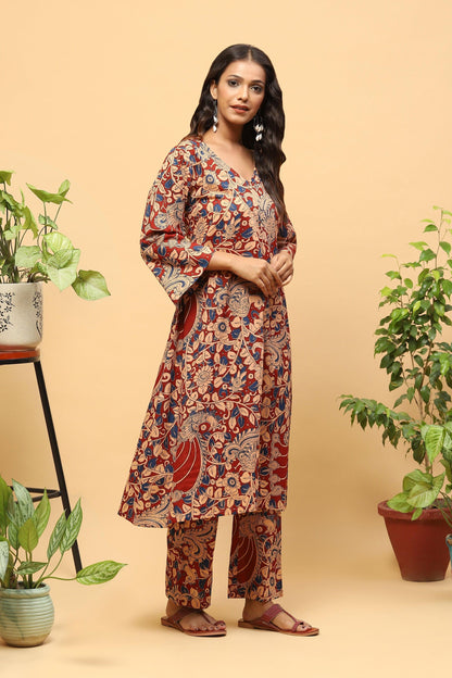 Sanchi Rust Red Kalamkari Cotton Kurta Trousers Set