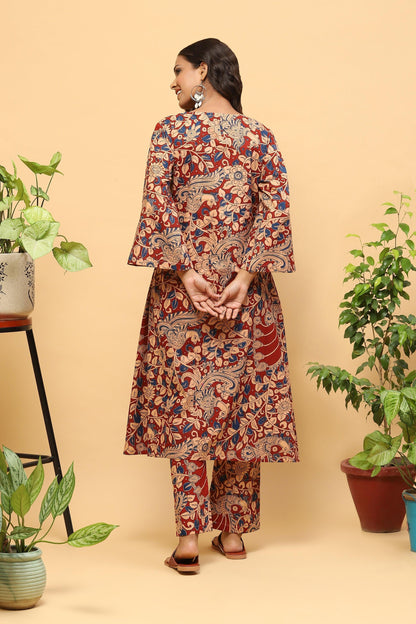 Sanchi Rust Red Kalamkari Cotton Kurta Trousers Set