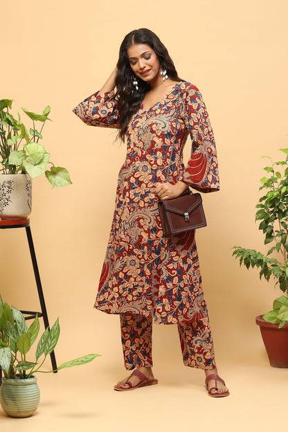 Sanchi Rust Red Kalamkari Cotton Kurta Trousers Set