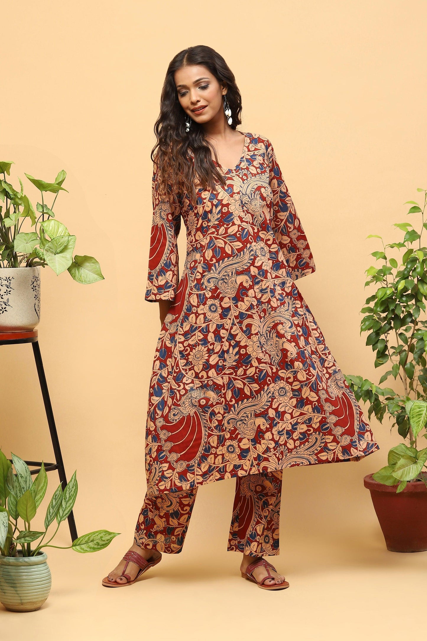 Sanchi Rust Red Kalamkari Cotton Kurta Trousers Set